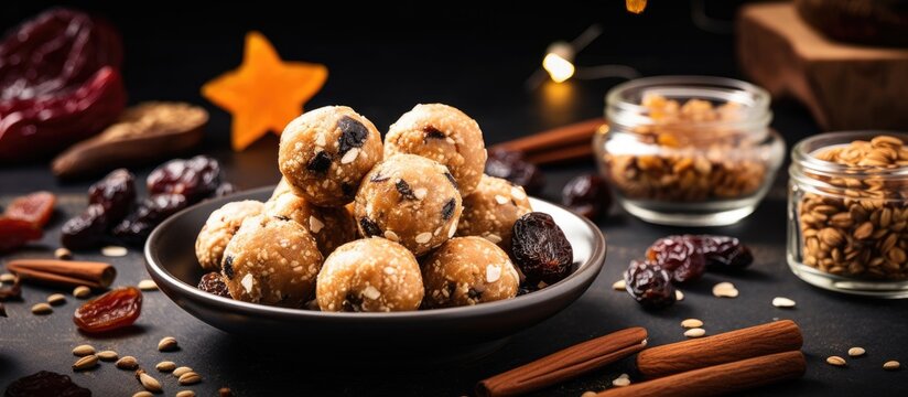 Oatmeal energy balls No cook energy bites with nuts dried fruits and peanut butter. Website header. Creative Banner. Copyspace image