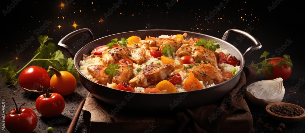 Poster homemade chicken stew with tomatoes onions carrot and potatoes on plate with rice. Website header. Creative Banner. Copyspace image