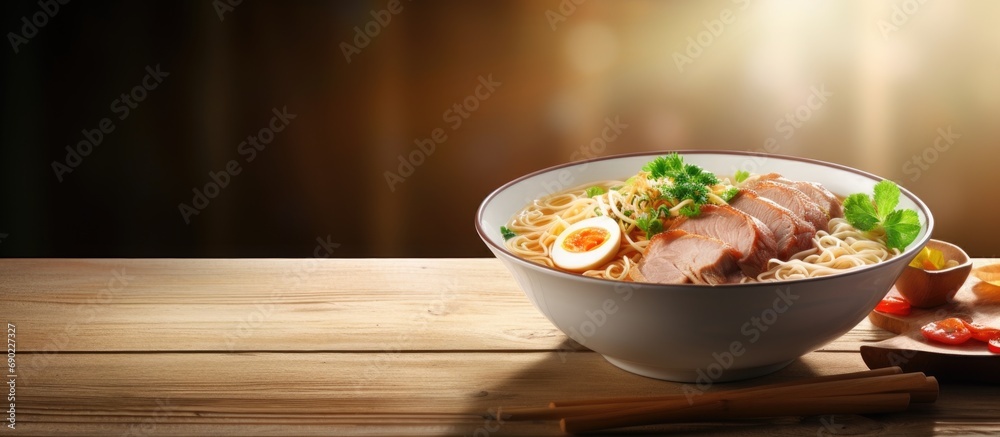 Poster instant noodle soup with minced pork and boiled egg in white bowl on wood table. website header. cre