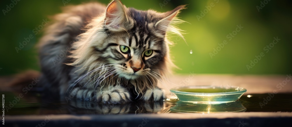 Poster maine coon cat drinking process cat dips its paw in water bowl trying to drink it. website header. c