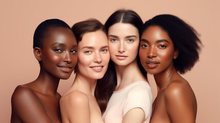 Beautiful women with beautiful faces. Skin care editorial. Different types and colors of skin. Beige background.  - obrazy, fototapety, plakaty