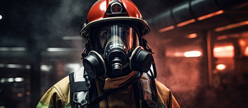 Fireman putting on protective uniform and preparing for action while standing in fire station. Website header. Creative Banner. Copyspace image