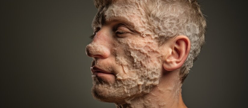 Man with sick hands dry flaky skin on his hand with vulgar psoriasis eczema and other skin diseases such as fungus plaque rash and blemishes Autoimmune genetic disease. Website header