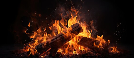 Fire flames at night Big bonfire on black background. Website header. Creative Banner. Copyspace image