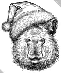 Vintage engraving isolated capybara set dressed christmas illustration rodent ink santa costume sketch. Gnawer background silhouette new year hat art. Black and white hand drawn vector image