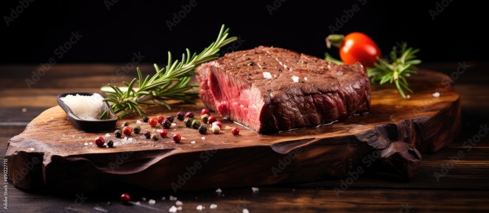 Sticker Juicy steak medium rare beef with spices on wooden board on table. Website header. Creative Banner. Copyspace image