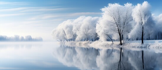 In late autumn on grassy banks of the river trees stand without leaves After a night frost grass bushes and tree branches are covered with frost The trees are reflected in the calm water Cold