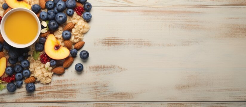 Healthy breakfast with oatmeal porridge fruits and nuts Blueberry mango pumpkin seeds nuts coffee cup Top view Female hands. Website header. Creative Banner. Copyspace image