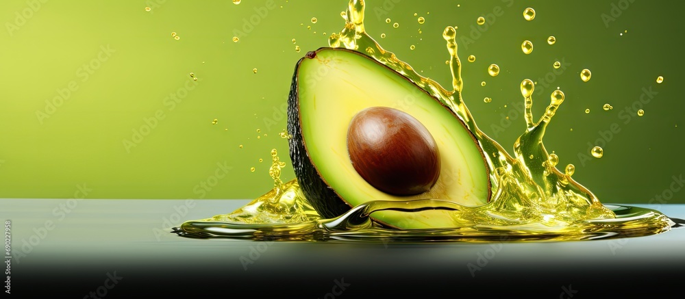 Poster pouring essential oil onto cut avocado oil dripping from sliced avocado vertical image place for tex