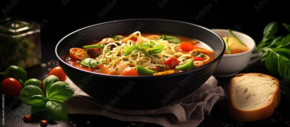 Poster minestrone italian vegetable soup with pasta on dark table. website header. creative banner. copyspa