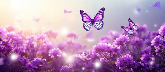 How beautifully beautiful butterflies are floating on purple flowers it looks very beautiful surrounded by green nature open sky and shining sun around. Website header. Creative Banner - obrazy, fototapety, plakaty