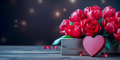 Bright red peonies in a box and a valentine gift on a wooden background. Valentine's Day concept, banner