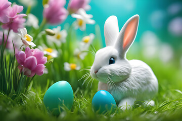 Fototapeta na wymiar Easter white bunny and Easter eggs on a spring meadow of green grass.photo created using Playground AI platform