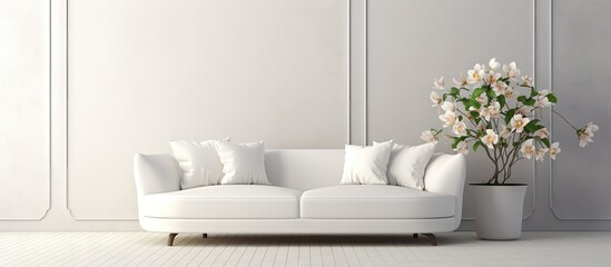 luxury white sofa in living room with bouquet of flower in vase at home. Website header. Creative Banner. Copyspace image