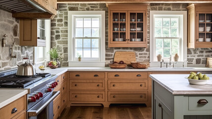 Cottage kitchen decor, interior design and country house, wooden in frame kitchen cabinetry, sink, stove and stone countertop, English countryside style - obrazy, fototapety, plakaty