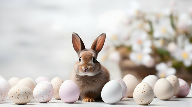 Adorable bunny with Easter eggs on a white background, perfect for spring celebrations