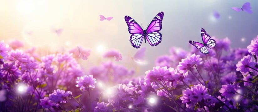 How beautifully beautiful butterflies are floating on purple flowers it looks very beautiful surrounded by green nature open sky and shining sun around. Website header. Creative Banner © HN Works