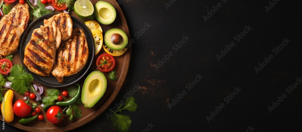 Aufkleber healthy corn tortillas with grilled chicken avocado fresh tomatoes limes place for text top view. we