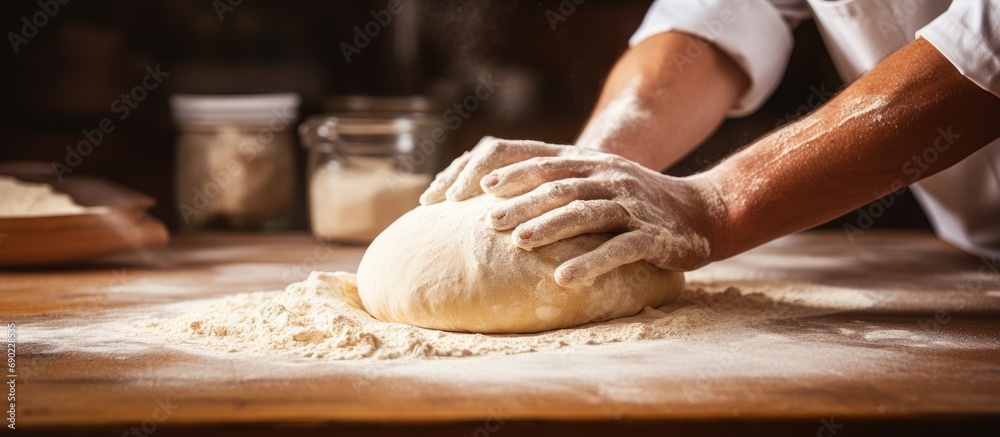 Poster Man preparing bread dough on wooden table in a bakery close up. Website header. Creative Banner. Copyspace image