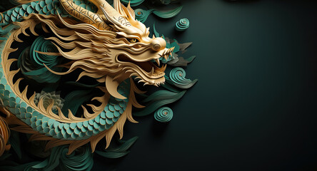 Traditional green with gold chinese dragon with copy space. New Year of the Dragon 2024 - obrazy, fototapety, plakaty