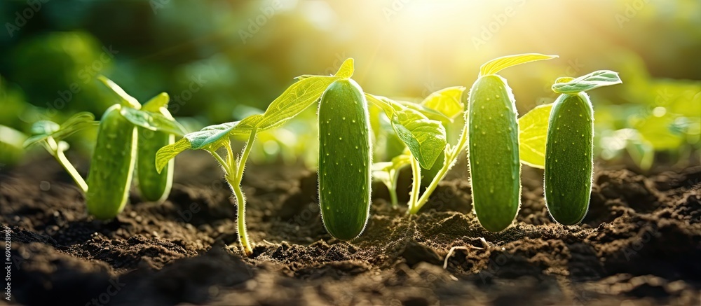 Poster green seedlings of cucumbers in a sunny greenhouse in spring. website header. creative banner. copys