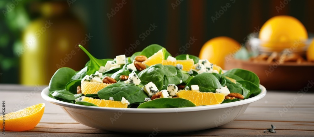 Poster fresh spinach salad with oranges feta ricotta cheese red onion and pine nuts. website header. creati