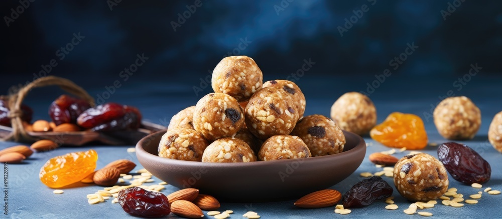 Aufkleber oatmeal energy balls no cook energy bites with nuts dried fruits and peanut butter. website header. 