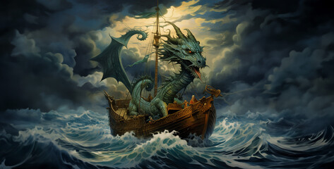 stormy weather a dragon in front of a boat, halloween night scene with moon - obrazy, fototapety, plakaty