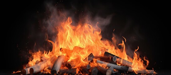 Fire flames at night Big bonfire on black background. Website header. Creative Banner. Copyspace image