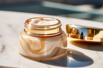 Luxury gold face cream jar on luxurious marble under golden sunlight at spa, beauty and skincare product, generative ai