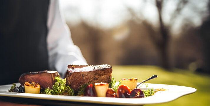 Steak served by a waiter at a luxury event outdoors, fine dining, post-processed, generative ai