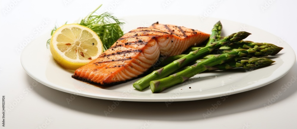Poster grilled salmon with asparagus on white plate soft focus. website header. creative banner. copyspace 