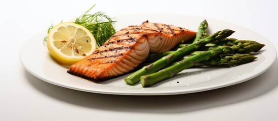 grilled salmon with asparagus on white plate soft focus. Website header. Creative Banner. Copyspace image