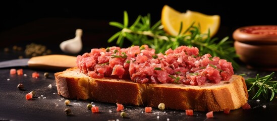 Raw tartar meat with spices croutons and herbs Beef tartar with capers Beef tartar with slices of bread Raw meat tartare for gourmet meat. Website header. Creative Banner. Copyspace image