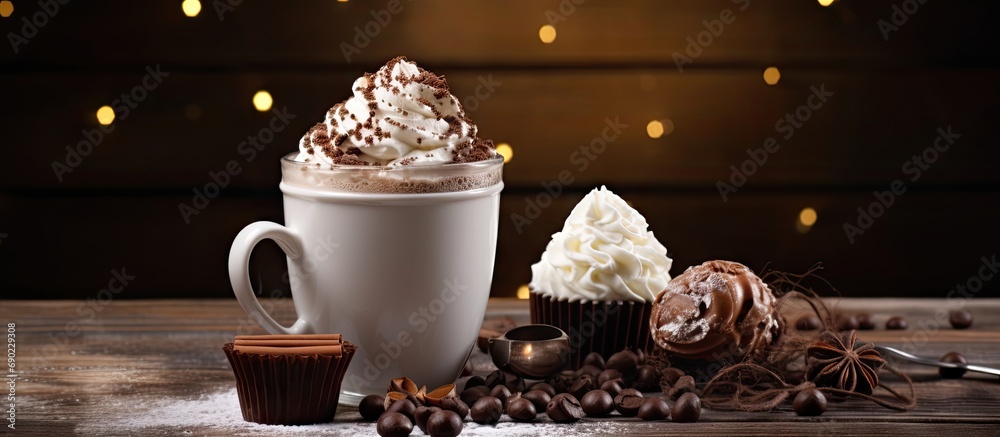Poster glass of hot chocolate with whipped cream and truffles on an old brown table copy space. website hea