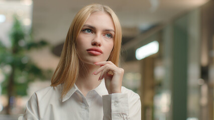 Pensive Caucasian girl 20s businesswoman thoughtful woman female entrepreneur office manager...