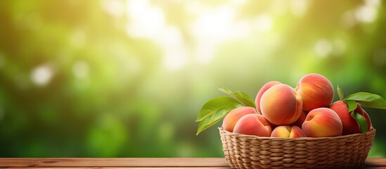 Fresh peach with slices on blurred greenery background Peach fruit in Bamboo basket on wooden table in garden. Website header. Creative Banner. Copyspace image