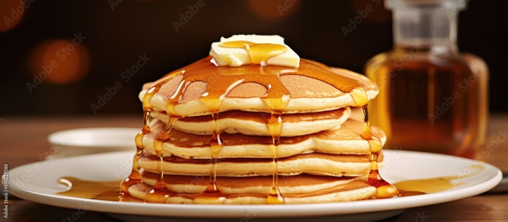 Canvas Prints fluffy buttermilk pancakes with butter and maple syrup. website header. creative banner. copyspace i