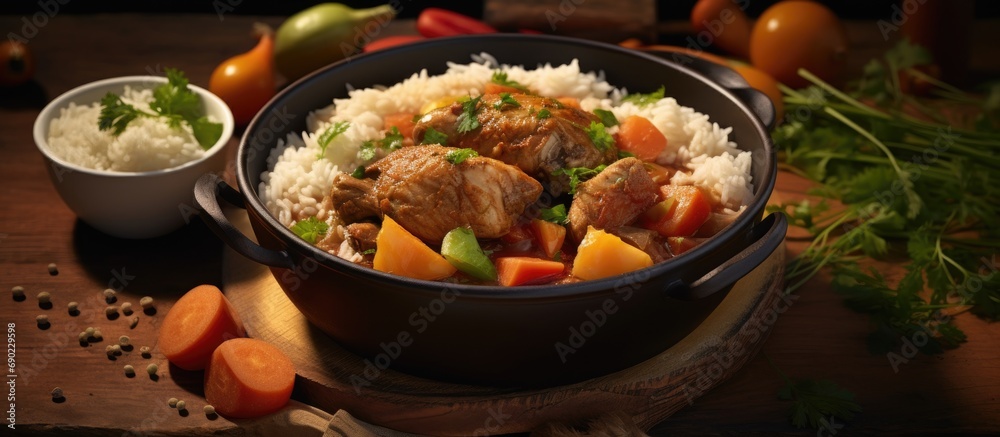 Poster homemade chicken stew with tomatoes onions carrot and potatoes on plate with rice. Website header. Creative Banner. Copyspace image