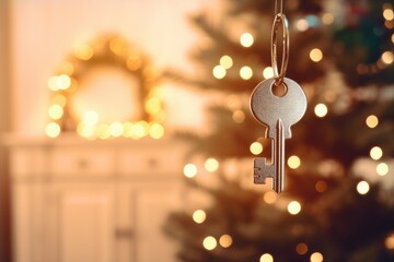 House key on Christmas tree, blurred lights on background. Mortgage and home loan (AI Generator)