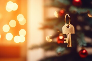 House key on Christmas tree, blurred lights on background. Mortgage and home loan (AI Generator) - obrazy, fototapety, plakaty