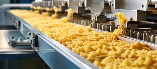 Pasta producing process various types of pasta on conveyor belt. Website header. Creative Banner....