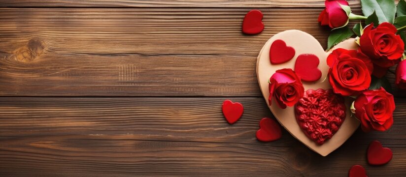 Heart shaped cake and red roses for Valentine s Day or Mother s Day on wooden table Top view Copy space. Website header. Creative Banner. Copyspace image