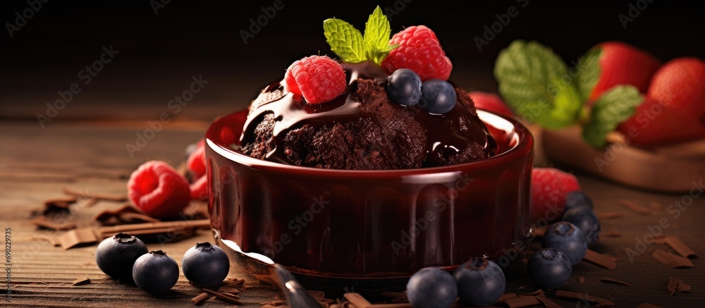 Poster Healthy chocolate pudding with cocoa and berries. Website header. Creative Banner. Copyspace image