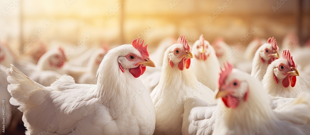 Poster group of white free range chicken broilers. website header. creative banner. copyspace image