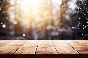 Wooden table front view on frosty winter nature background with bokeh snowflakes. Mock up template copy space banner concept