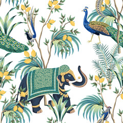 Vintage botanical lemon tree, peacock, bird, Indian elephant, palm leaves, plant oriental seamless pattern pink background. Exotic chinoiserie wallpaper.