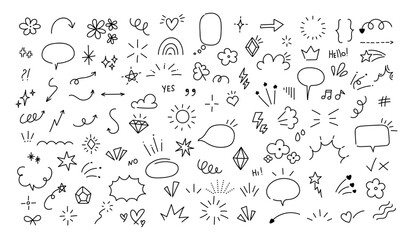 Sketch pen design elements. Doodle simple brush stickers. Hand drawn speech bubble, decorative signs, emotion effects icon. Stars, arrow, sparkle, line shape. Vector set