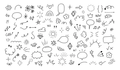 Tuinposter Sketch pen design elements. Doodle simple brush stickers. Hand drawn speech bubble, decorative signs, emotion effects icon. Stars, arrow, sparkle, line shape. Vector set © Foxy Fox