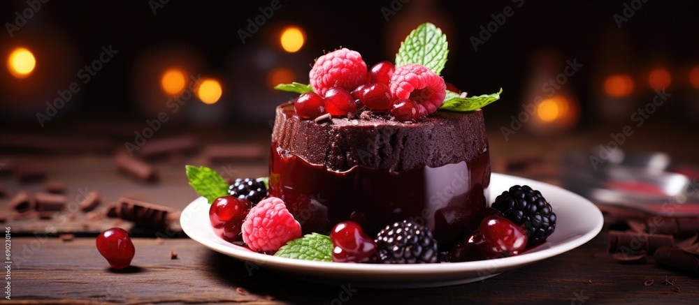 Poster Healthy chocolate pudding with cocoa and berries. Website header. Creative Banner. Copyspace image